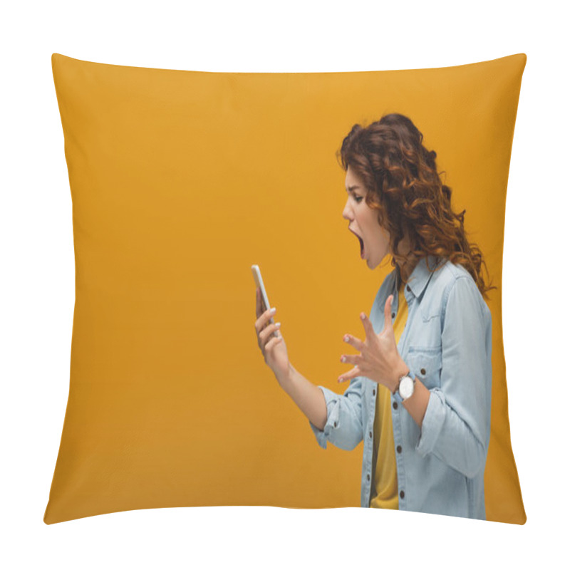 Personality  Angry Redhead Woman Gesturing While Looking At Smartphone And Screaming On Orange  Pillow Covers