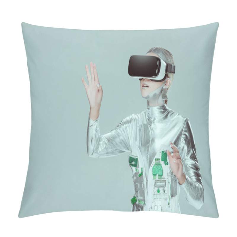 Personality  Surprised Silver Robot Touching Something With Virtual Reality Headset Isolated On Grey, Future Technology Concept Pillow Covers