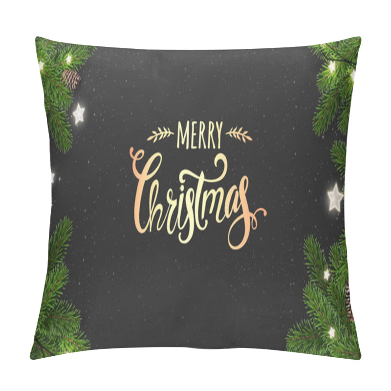 Personality  Gold Merry Christmas Typographical On Black Background With Tree Branches, Gift Boxes, Stars, Pine Cones. Xmas And New Year Theme. Vector Illustration Pillow Covers