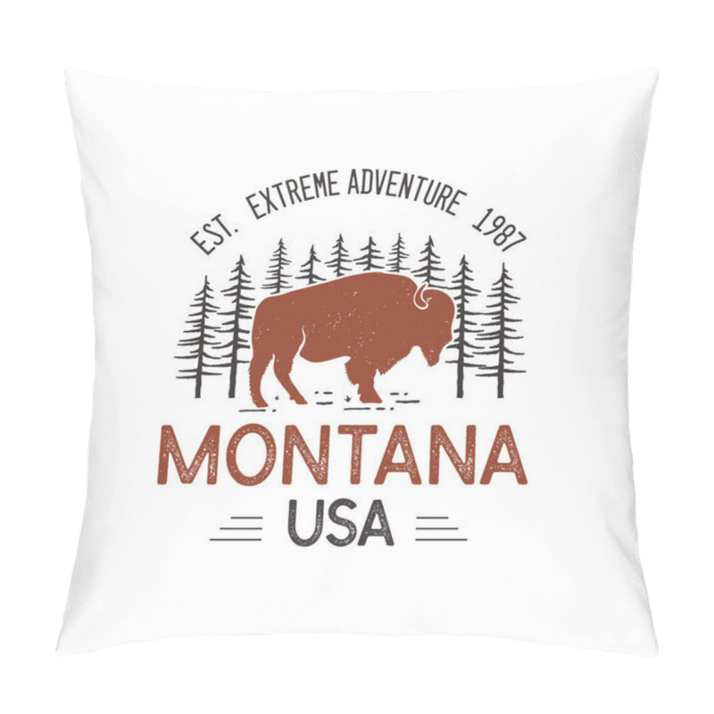 Personality  Montana USA Logo Template, Retro National Park Adventure Emblem Design With Bison Buffalo And Trees Head. Unusual Vintage Art Style Sticker. Stock Vector Label. Pillow Covers