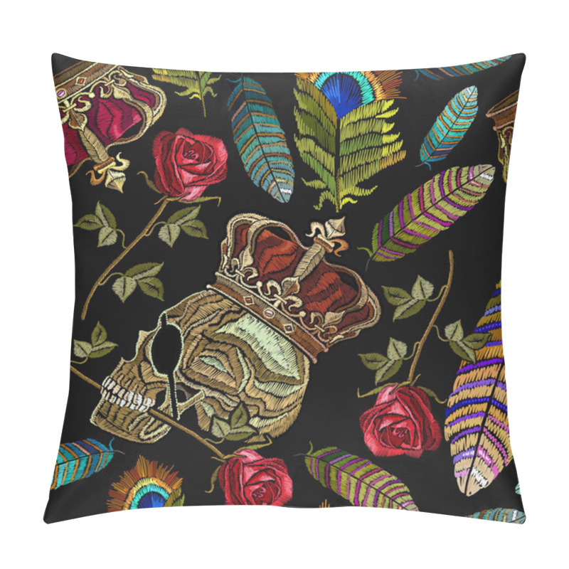 Personality  Embroidery Golden Crown, Human Skull, Feathers And Roses Seamless Pattern. Fashion Template For Clothes, Textiles, T-shirt Design Pillow Covers