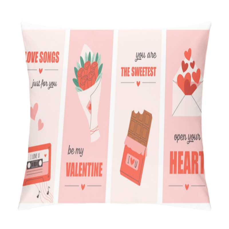 Personality  Happy Valentines Day Greeting Cards Set With Festive Stickers. Illustration For Card, Web Banner, Package, Poster, Cover, Website. Vector Illustration In Flat Style Pillow Covers