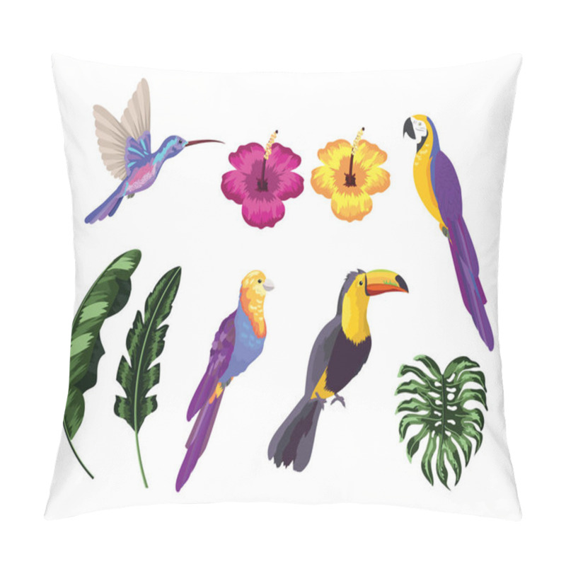 Personality  Set Exotic Birds With Natural Leaves Vector Illustration Pillow Covers