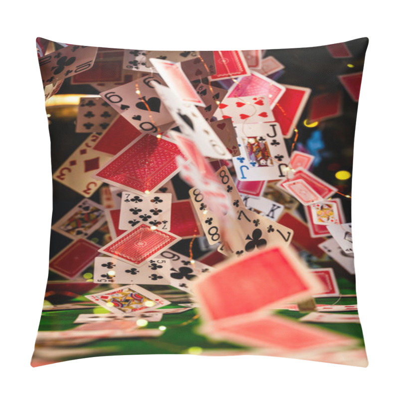 Personality  Cascading Playing Cards On A Green Snooker Table Dynamic And Vibrant Display Pillow Covers