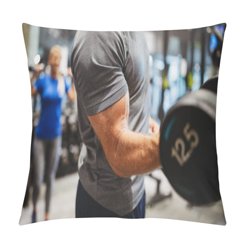 Personality  Young Man With Weight Training Equipment Exercising In Sport Gym Club Pillow Covers