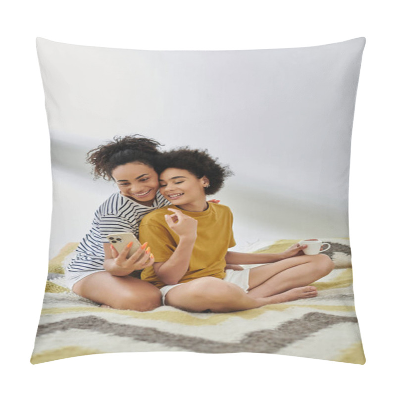 Personality  Two Women Share Laughter While Enjoying A Cozy Moment On Afternoon. Pillow Covers