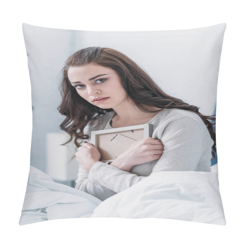 Personality  Beautiful Grieving Woman Looking At Camera And Holding Picture Frame At Home Pillow Covers