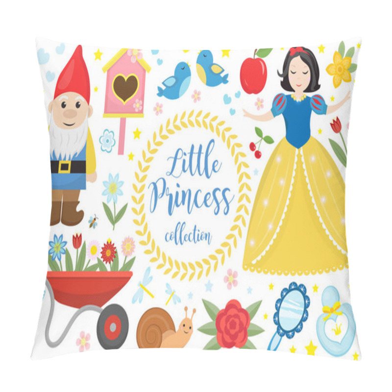 Personality  Cute Fairytale Princess Snow White Set Objects. Collection Design Element With A Little Pretty Girl, Gnome, Apple, Flowers, Birds. Kids Baby Clip Art Funny Smiling Character. Vector Illustration Pillow Covers