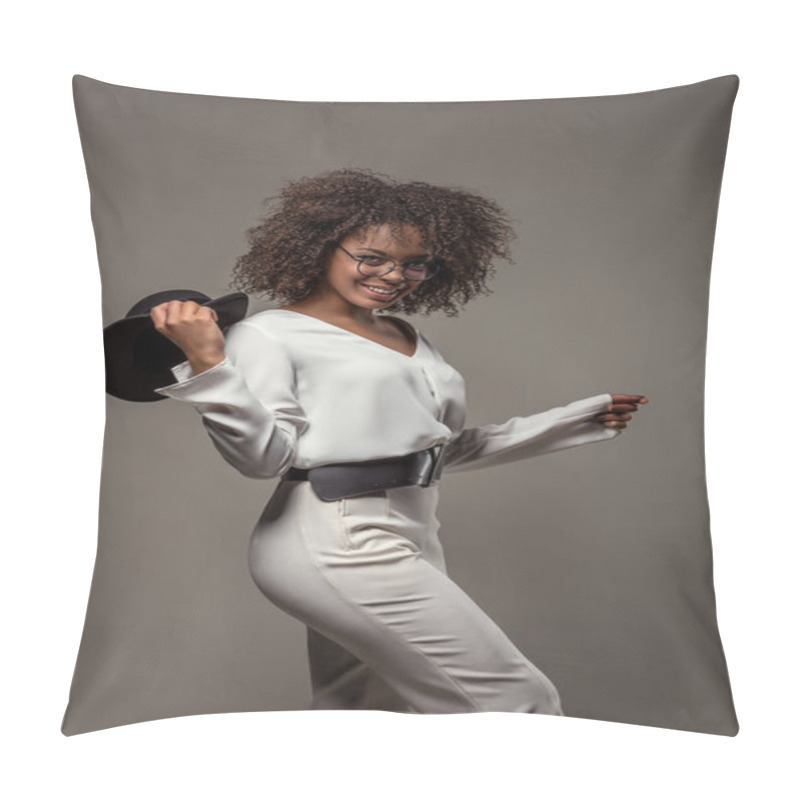 Personality  Stylish African American Woman In White Clothes Smiling And Waving Black Hat Isolated On Grey Background Pillow Covers