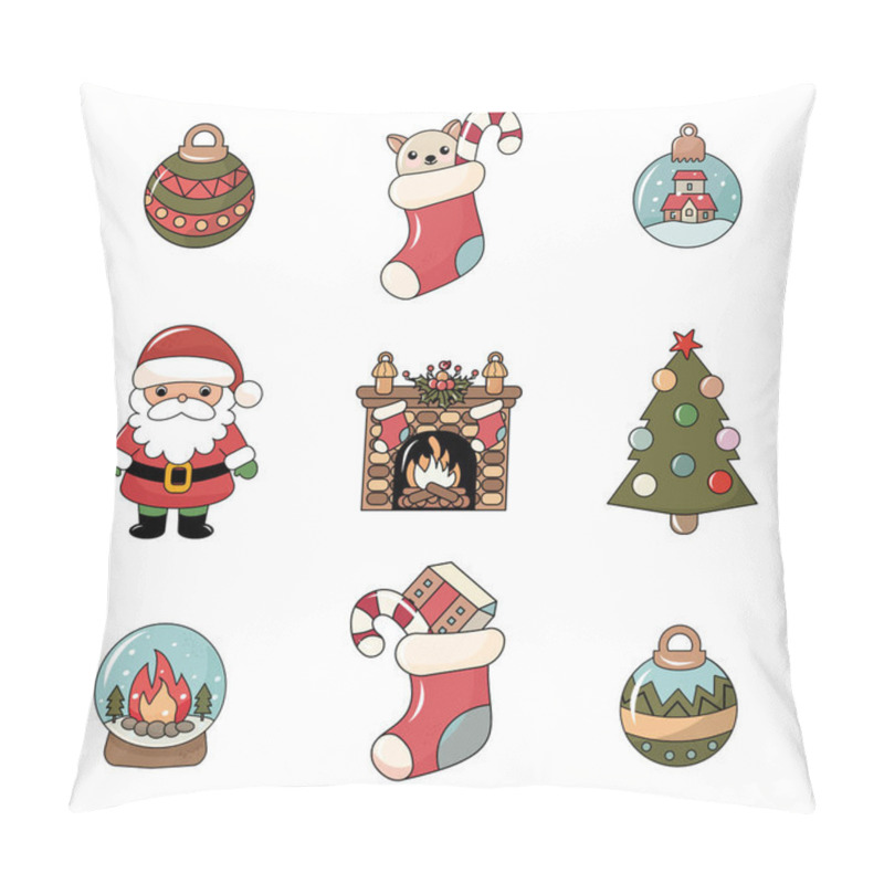 Personality  Cute Cartoon-style Christmas Illustration. A Set Of Festive Items: Santa Claus, Christmas Tree, Gifts, Christmas Tree Toy, Polar Bear With A Bag Of Gifts, Reindeer, Lollipop, Snow Globe With Fireplace, Christmas Sock With Gifts. Bright And Colorful E Pillow Covers