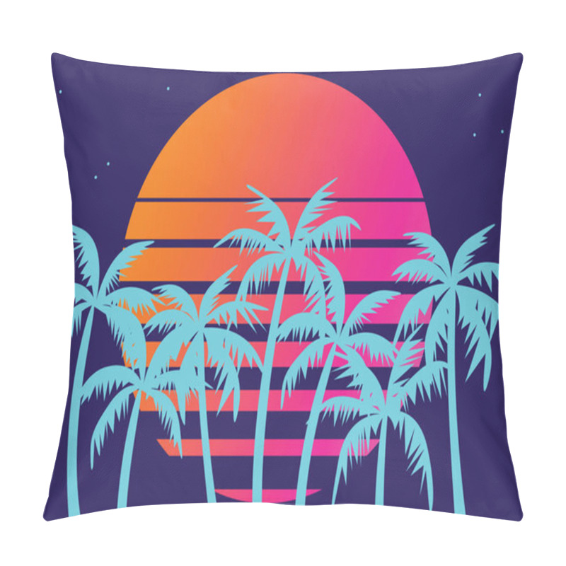 Personality  Retro Futuristic Palm Trees In 80s Style At Sunset. Summer Time, Palm Trees On The Background Of The Sun, Synthwave Style. Design For Advertising Brochures And Banners Pillow Covers