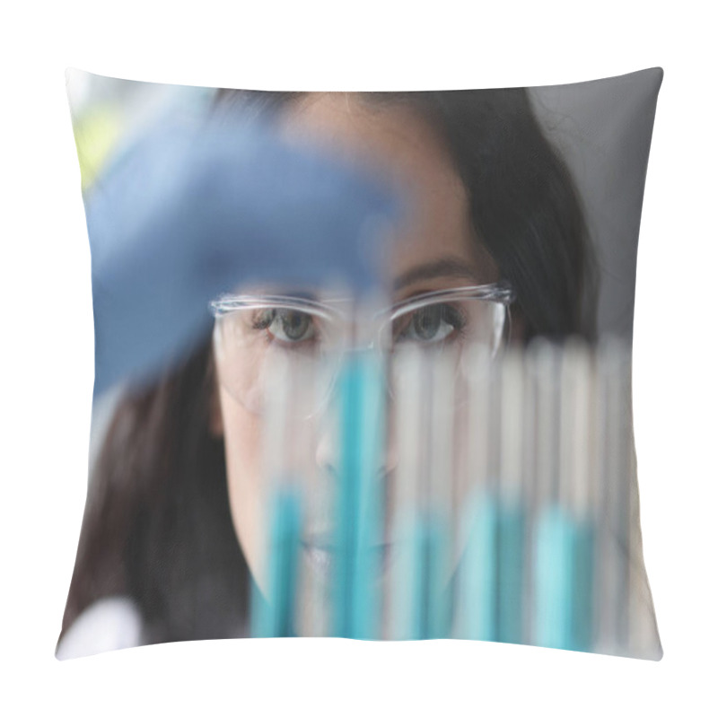 Personality  Portrait Of Woman In Glasses Who Looks At Test Tubes With Liquid Pillow Covers