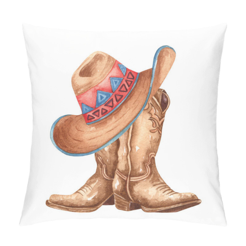 Personality  Watercolor Cowboy Boots With A Hat. Hand Painted Rodeo Theme Design. Countryside Western Themed Illustration Pillow Covers