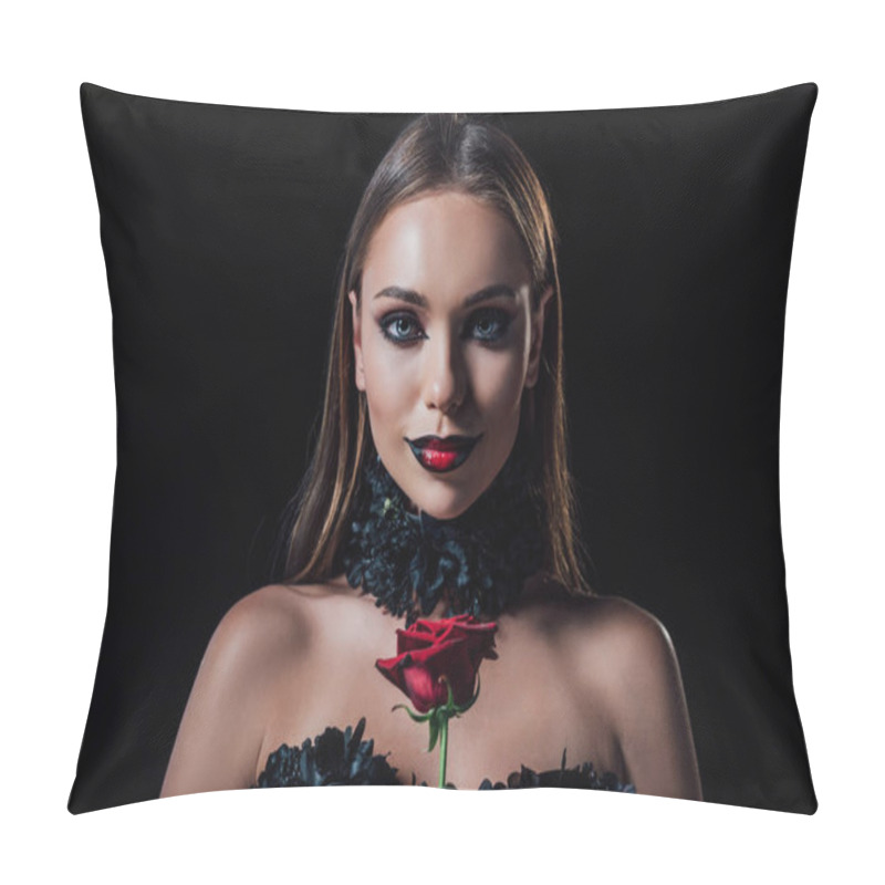 Personality  Smiling Scary Vampire Girl In Black Gothic Dress Holding Red Rose Isolated On Black Pillow Covers