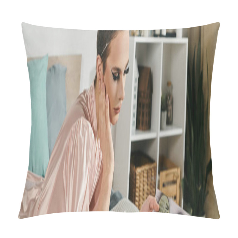 Personality  An Attractive Drag Queen Relaxes With Grace In A Stylish Bedroom Environment. Pillow Covers