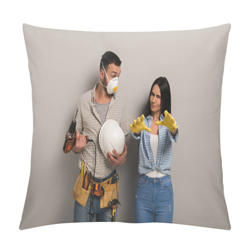 Personality  Emotional Manual Workers In Safety Mask Holding Electric Drill And Helmet On Grey  Pillow Covers