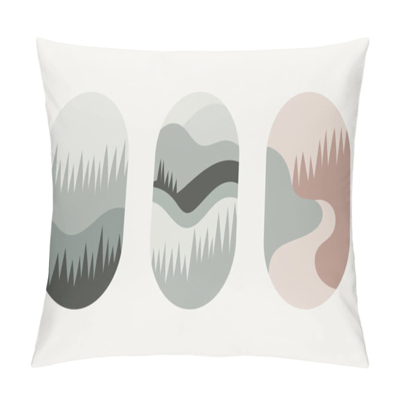 Personality  Vector Illustration. Horizontal Oval Illustration With Gentle Hills And Valleys. The Lines Are Smooth, The Colors Are Muted, With Pine Forests In The Background. Pillow Covers