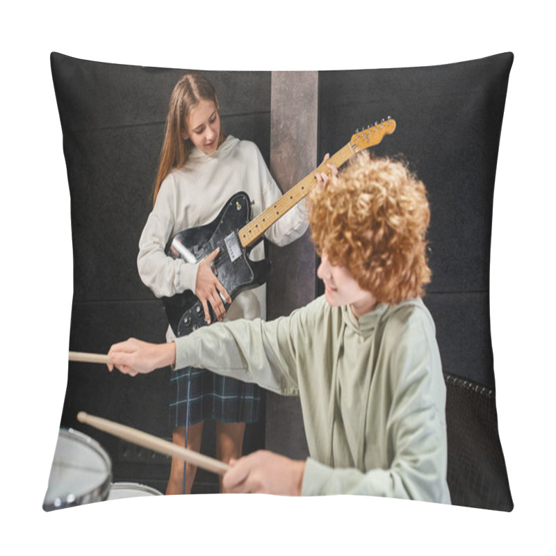 Personality  Focus On Cheerful Pretty Teenage Girl Playing Her Guitar Next To Her Blurred Red Haired Drummer Pillow Covers