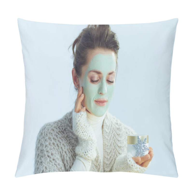 Personality  Woman With Green Facial Mask Holding Cosmetic Jar And Snowflake Pillow Covers