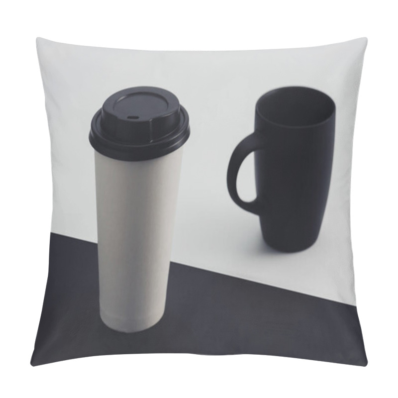 Personality  White Paper Cup And Black Coffee Cup On Black And White Background Pillow Covers