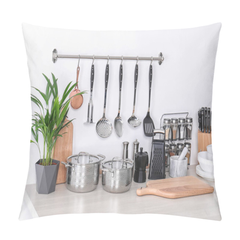 Personality  Set Of Clean Cookware, Dishes, Utensils And Appliance On Table At White Wall Pillow Covers