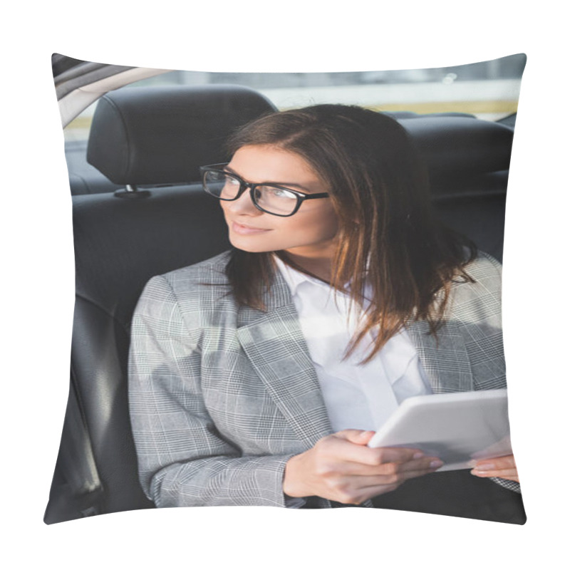 Personality  Smiling Businesswoman With Digital Tablet Looking Away While Riding In Car  Pillow Covers