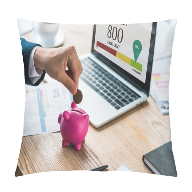 Personality  Cropped View Of Businessman Putting Coin Into Pink Piggy Bank Near Laptop With Your Credit Score Letters  Pillow Covers