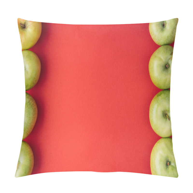 Personality  Vertical Frame Of Ripe Green Apples On Red Background Pillow Covers