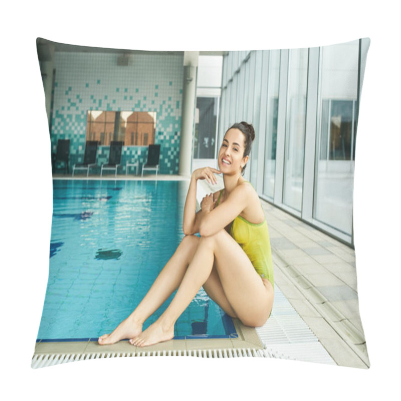 Personality  A Young, Beautiful Woman In A Swimsuit Sits On The Edge Of An Indoor Spas Swimming Pool, Gazing Into The Clear Water. Pillow Covers