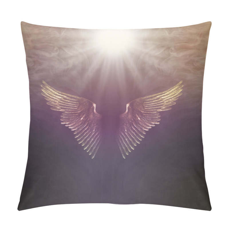 Personality  Divine Healing Light Angel Wings Background - Bright White Star Burst Above Golden Magenta Angel Wings Against A Deep Red Brown Background With Copy Space Pillow Covers