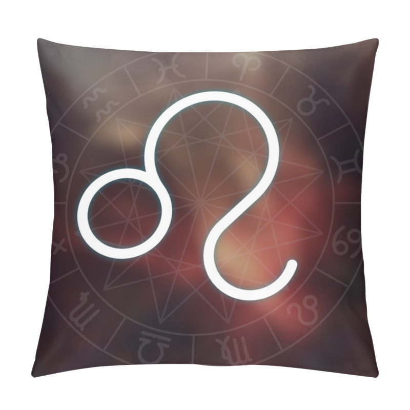 Personality  Zodiac Sign - Leo. White Thin Simple Line Astrological Symbol On Blurry Abstract Space Background With Astrology Chart. Pillow Covers