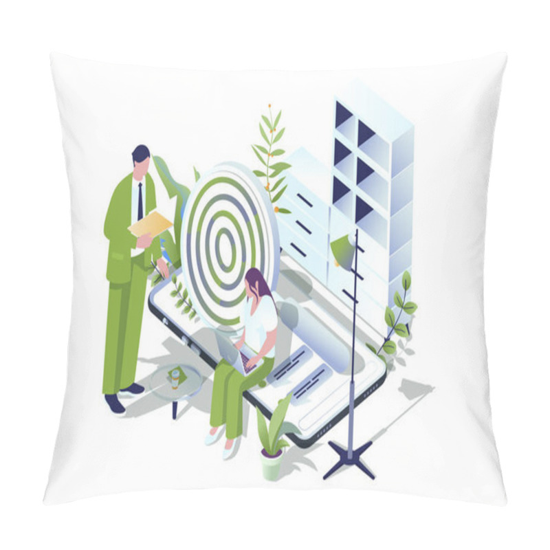 Personality  Seo Optimization Web Concept In 3d Isometric Design. People Analyzing Data, Selects Keywords, Settings And Optimizes Site For Popular Search Queries For Online Promotion. Vector Web Illustration. Pillow Covers