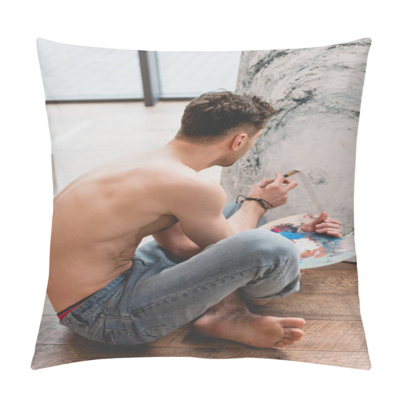 Personality  Half-naked Artist Sitting With Crossed Legs And Painting Picture In Gallery Pillow Covers