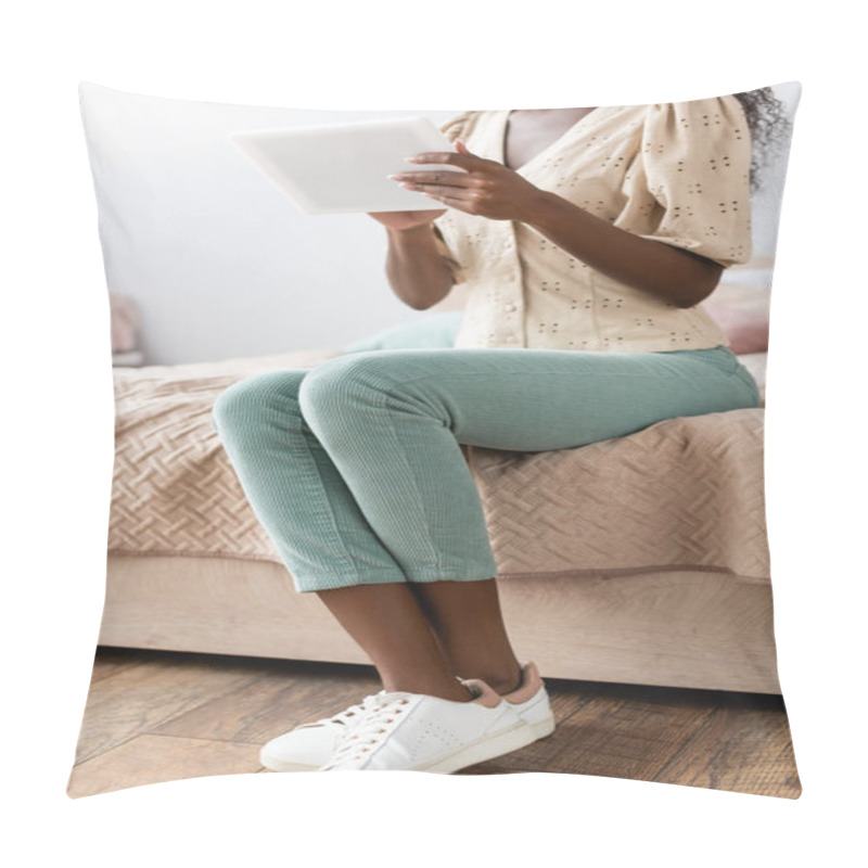 Personality  Cropped View Of African American Woman In Blouse And Pants Using Digital Tablet In Bedroom Pillow Covers