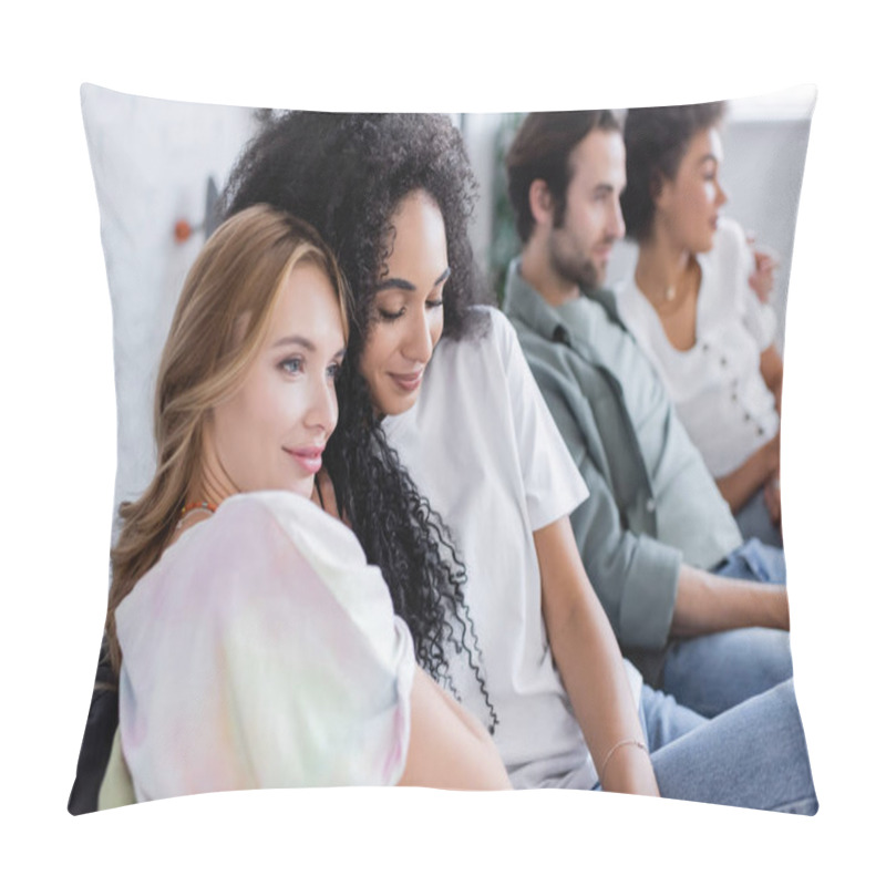 Personality  Cheerful Lesbian Women And Blurred Heterosexual Couple Sitting On Sofa Pillow Covers