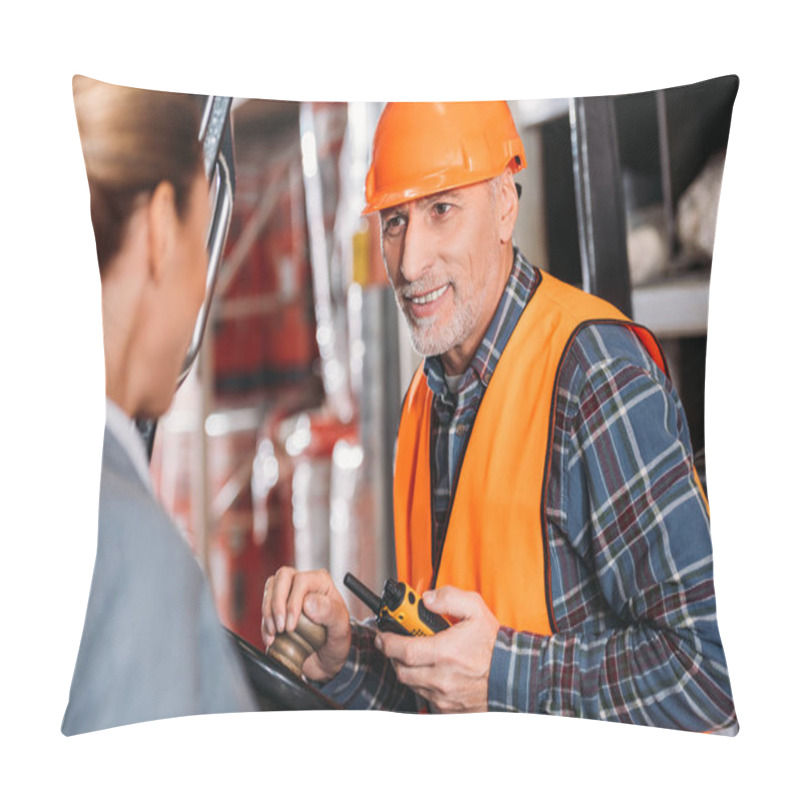 Personality  Senior Worker With Walkie Talkie Sitting In Forklift Machine And Talking With Businesswoman In Storage Pillow Covers