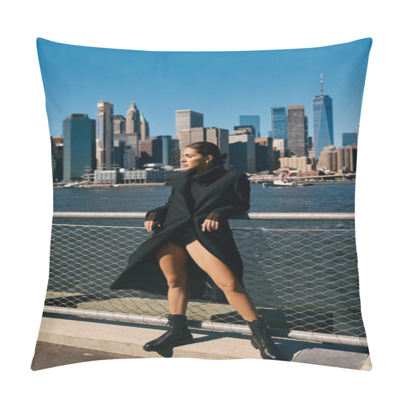 Personality  A Young Woman Dances On A New York City Pier, Wearing A Black Coat And Boots. Pillow Covers