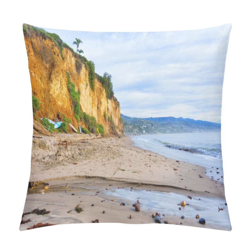 Personality  A Beautiful Coastal Landscape With A Rocky Cliff, Sandy Shore And Ocean View In Malibu, California. Pillow Covers