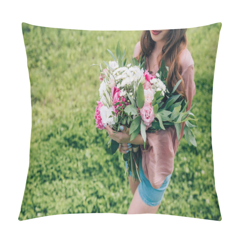 Personality  Partial View Of Young Woman Holding Bouquet Of Flowers In Hands In Park Pillow Covers