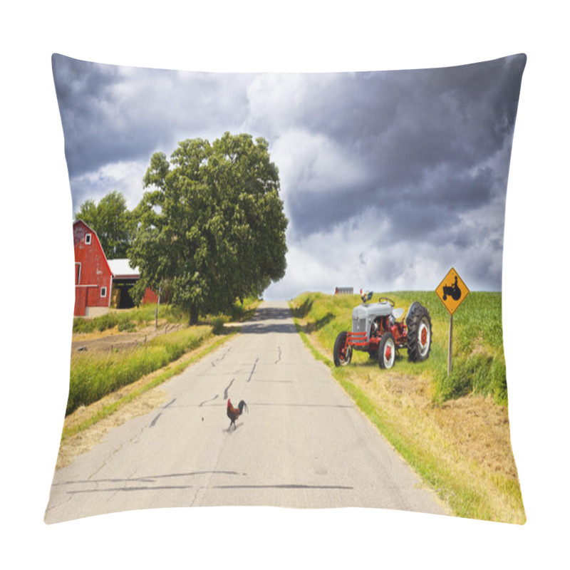 Personality  Country Road With Red Barn And Tractor On Side Pillow Covers