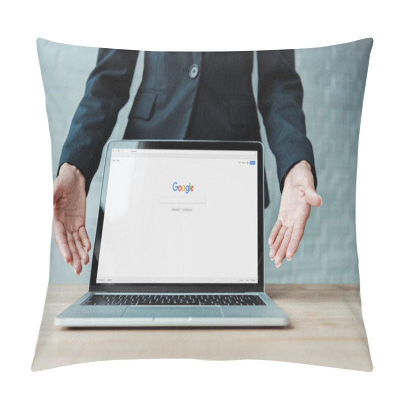 Personality  KYIV, UKRAINE - AUGUST 5, 2019: Cropped View Of Woman Gesturing Near Laptop With Google Website On Screen  Pillow Covers