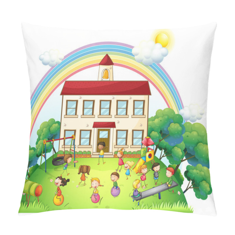 Personality  Children Playing In Front Of The School Pillow Covers