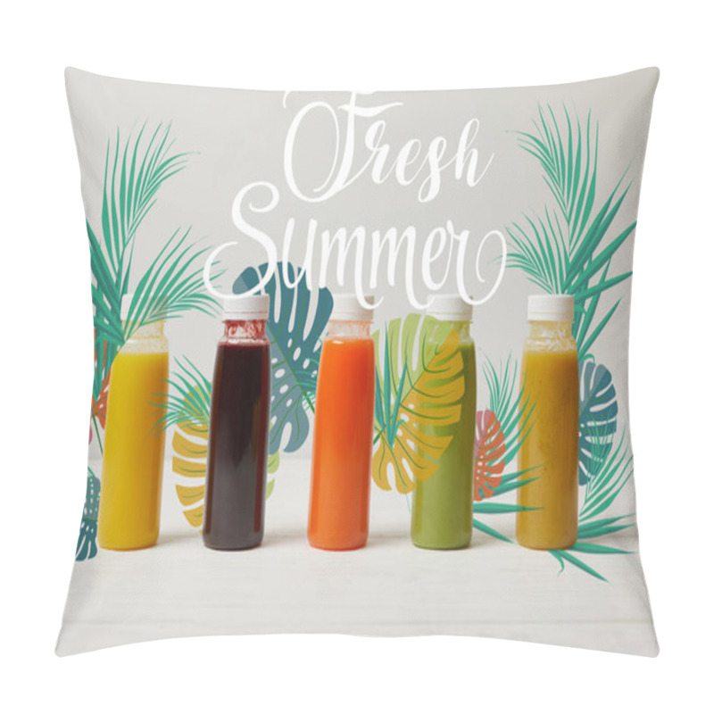 Personality  Detox Smoothies In Bottles Standing In Row, Refresh Concept, Fresh Summer Inscription Pillow Covers