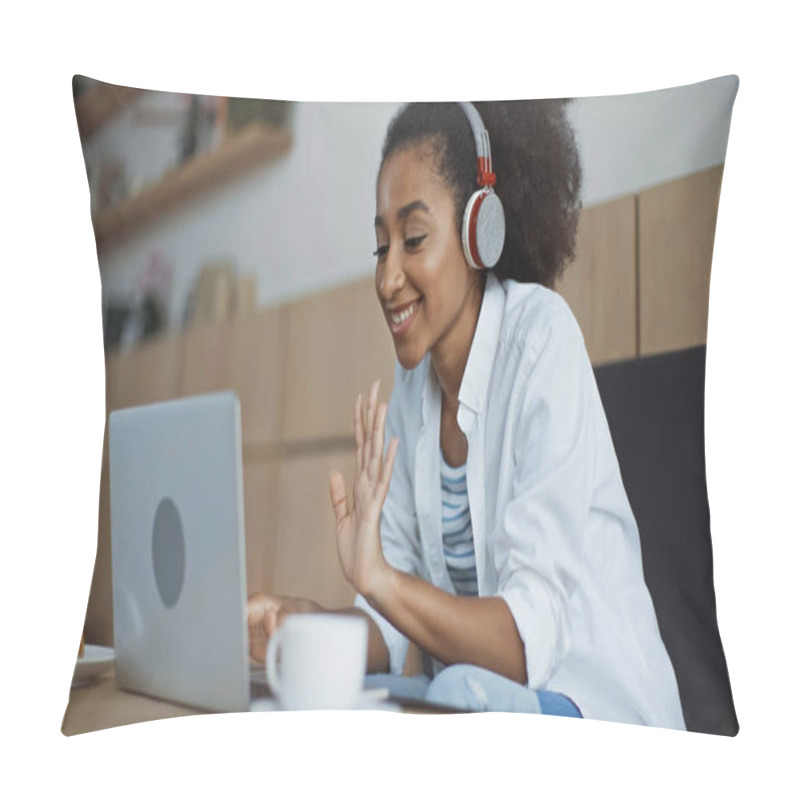 Personality  Happy African American Businesswoman In Wireless Headphones Having Video Call In Cafe Pillow Covers