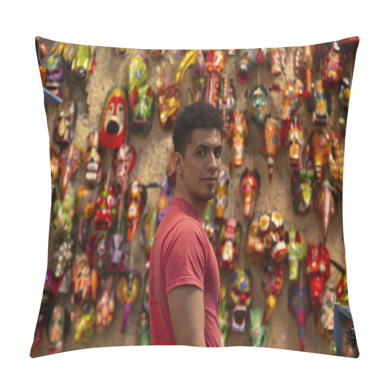 Personality  Young Hispanic Man With A Traditional Handmade Mask From Guatemala - Antigua Guatemala Traditional Masks Pillow Covers