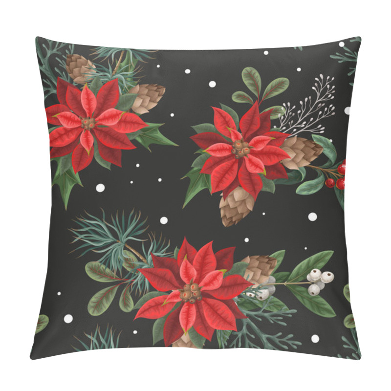 Personality  Seamless Pattern With Poinsettia, Pines And Hollyberries. Christmas Background. Pillow Covers