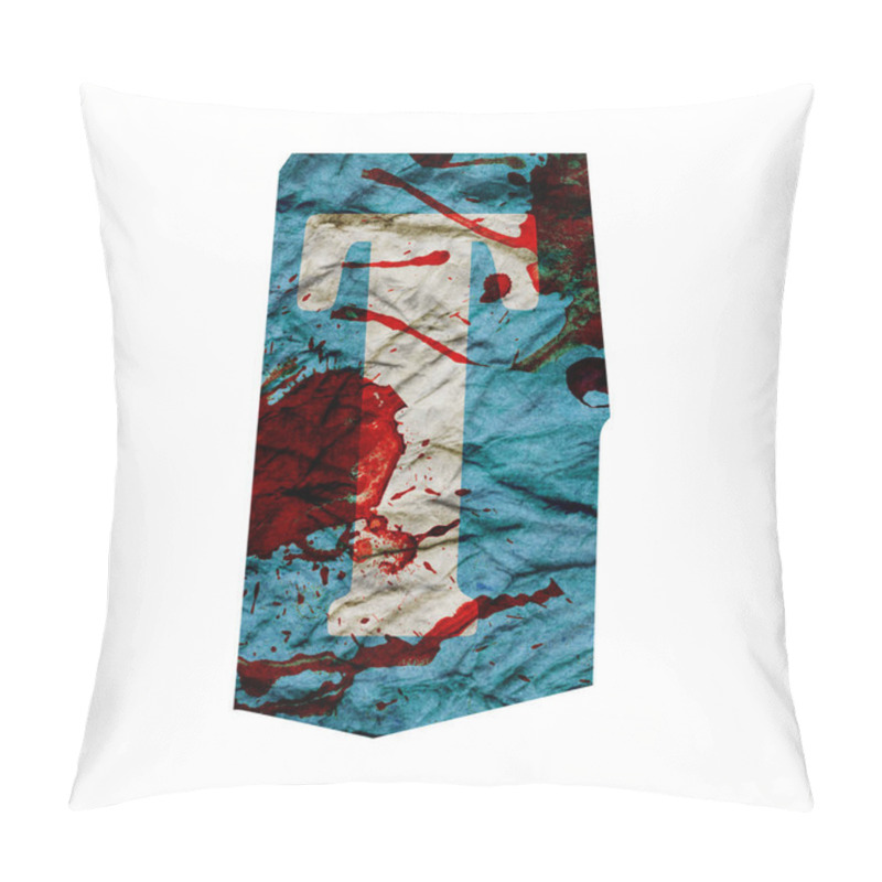 Personality  Cut Out Ransom Alphabet Letter. Blackmail Ransom Kidnapper Anonymous Note Font. English Letter Crumpled Grungy Vintage Old Paper Texture With Blood Splashes Isolated On A White. Collage Style Design Pillow Covers