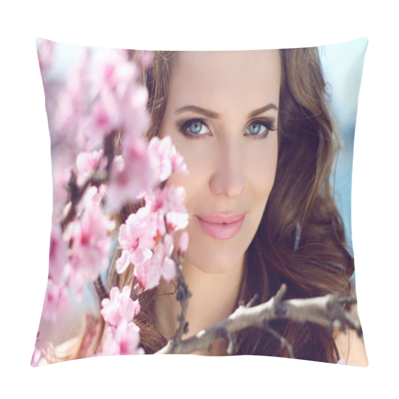 Personality  Outdoors Portrait Of Beautiful Smiling Woman Model In Pink Bloss Pillow Covers