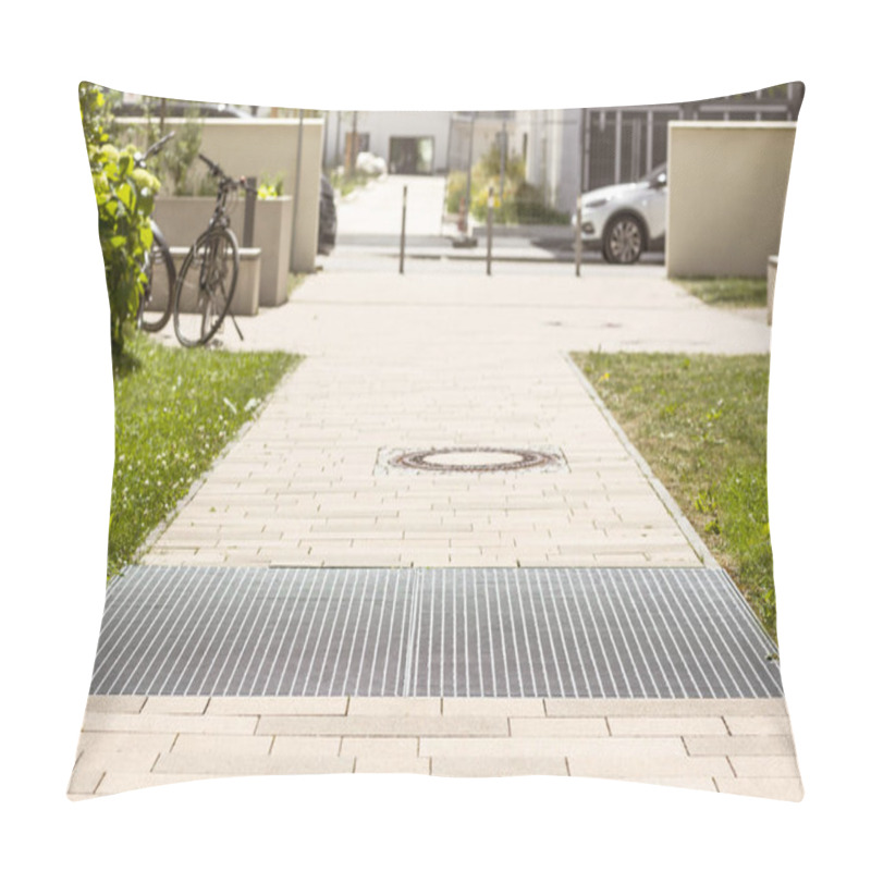 Personality  Drain Grating And Gutters For Drainage Of Rainwater And Paving Slabs On Cobblestone Sidewalk. Modern Footpath, Sidewalk In Urban Yards.  Pillow Covers