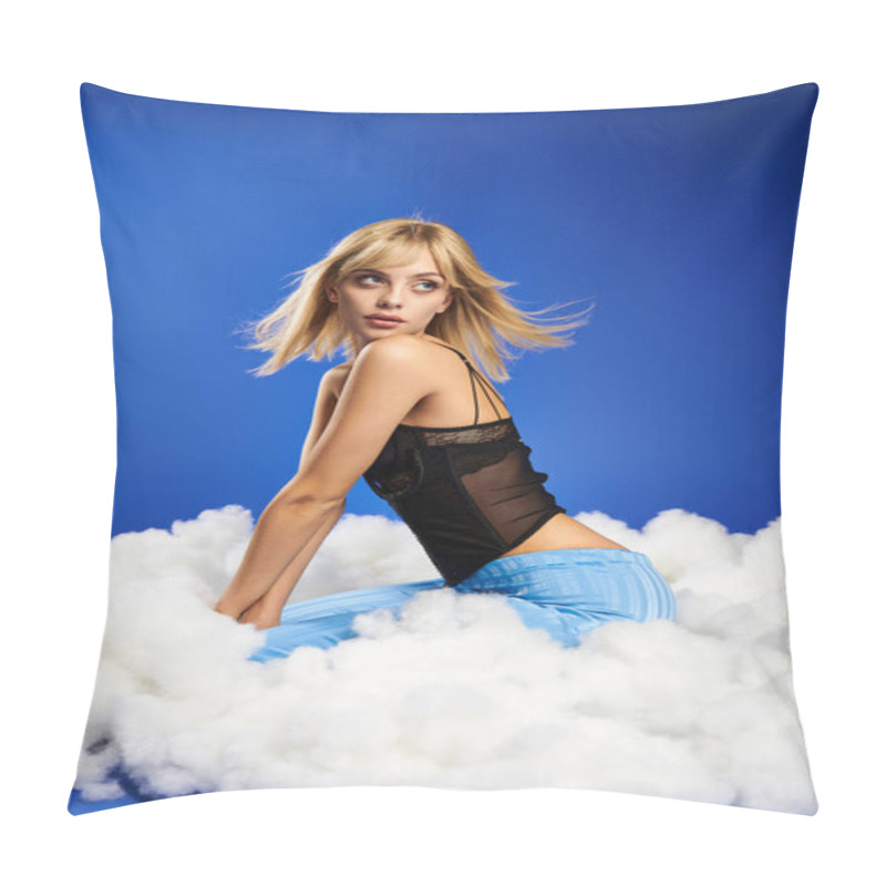 Personality  Blonde Woman In Black Top And Blue Skirt Poses On Fluffy Cloud In Vibrant Setting. Pillow Covers